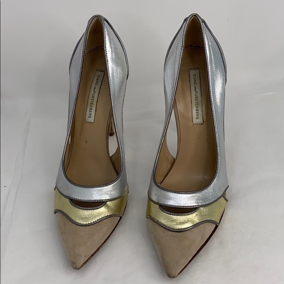 DVF Sz 8 Diane von Furstenberg Gold Silver Leather Pumps - Picture 3 of 10